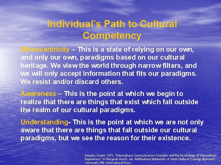 Individual’s Path to Cultural Competency Ethnocentricity – This is a state of relying on