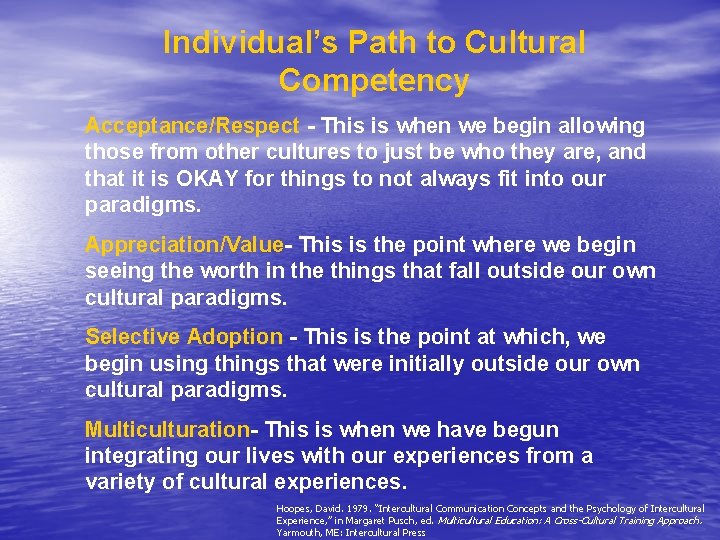 Individual’s Path to Cultural Competency Acceptance/Respect - This is when we begin allowing those