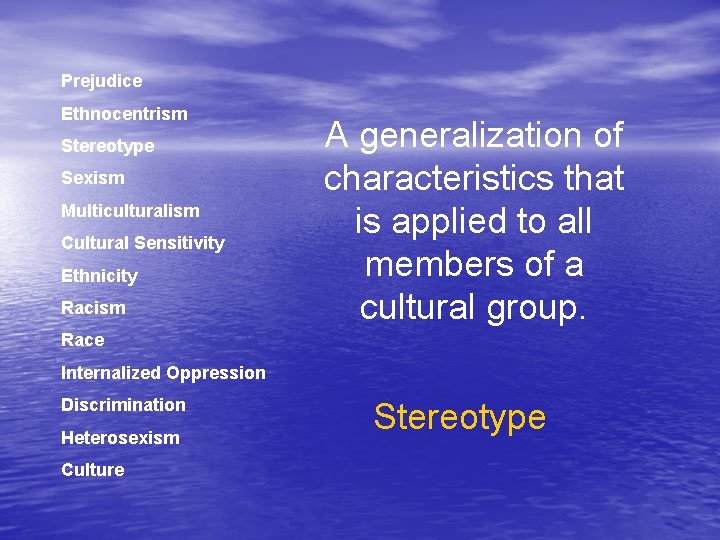 Prejudice Ethnocentrism Stereotype Sexism Multiculturalism Cultural Sensitivity Ethnicity Racism A generalization of characteristics that