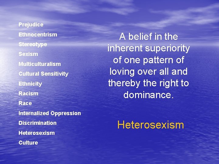 Prejudice Ethnocentrism Stereotype Sexism Multiculturalism Cultural Sensitivity Ethnicity Racism A belief in the inherent