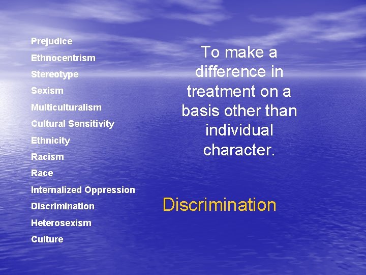 Prejudice Ethnocentrism Stereotype Sexism Multiculturalism Cultural Sensitivity Ethnicity Racism To make a difference in