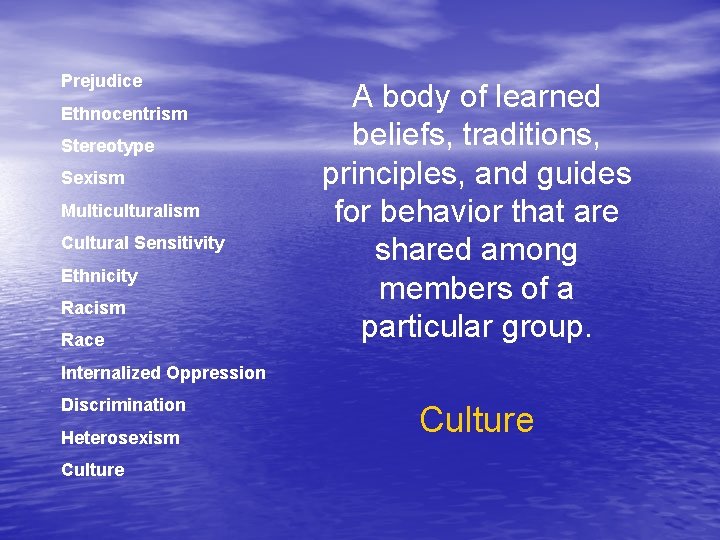 Prejudice Ethnocentrism Stereotype Sexism Multiculturalism Cultural Sensitivity Ethnicity Racism Race A body of learned