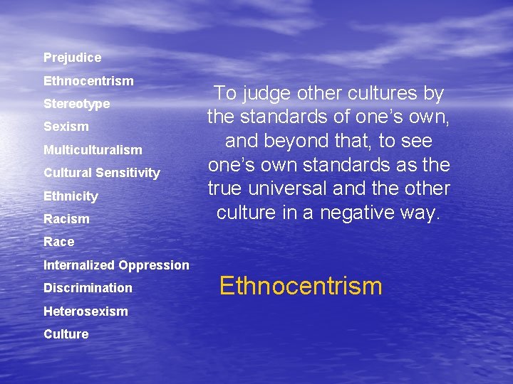 Prejudice Ethnocentrism Stereotype Sexism Multiculturalism Cultural Sensitivity Ethnicity Racism To judge other cultures by