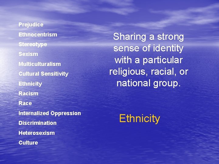 Prejudice Ethnocentrism Stereotype Sexism Multiculturalism Cultural Sensitivity Ethnicity Sharing a strong sense of identity