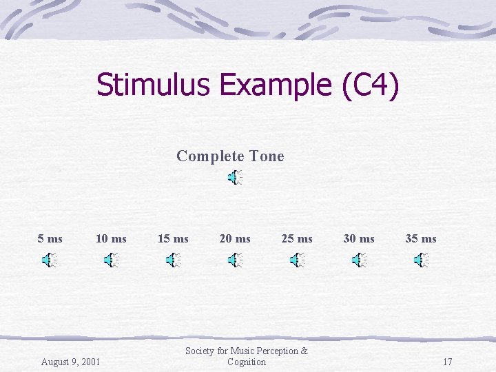 Stimulus Example (C 4) Complete Tone 5 ms 10 ms August 9, 2001 15