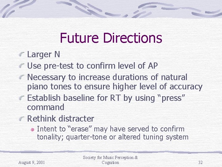 Future Directions Larger N Use pre-test to confirm level of AP Necessary to increase