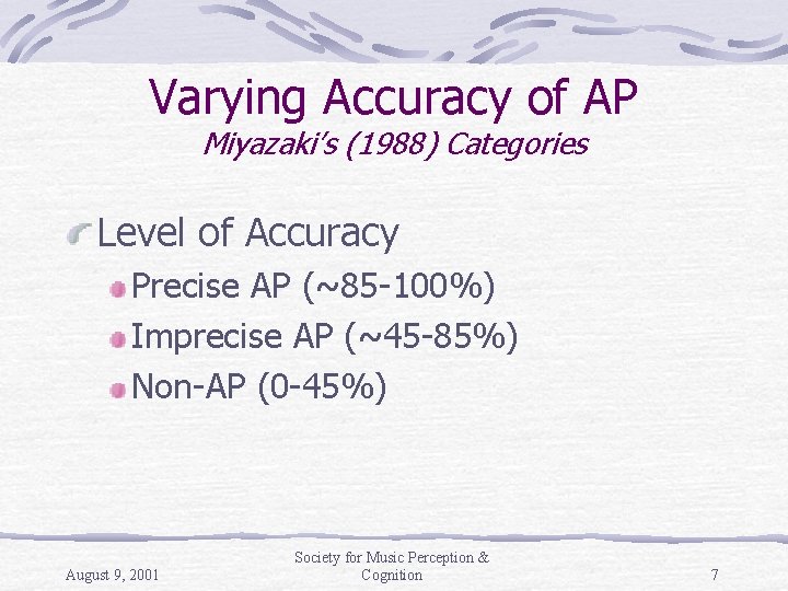 Varying Accuracy of AP Miyazaki’s (1988) Categories Level of Accuracy Precise AP (~85 -100%)