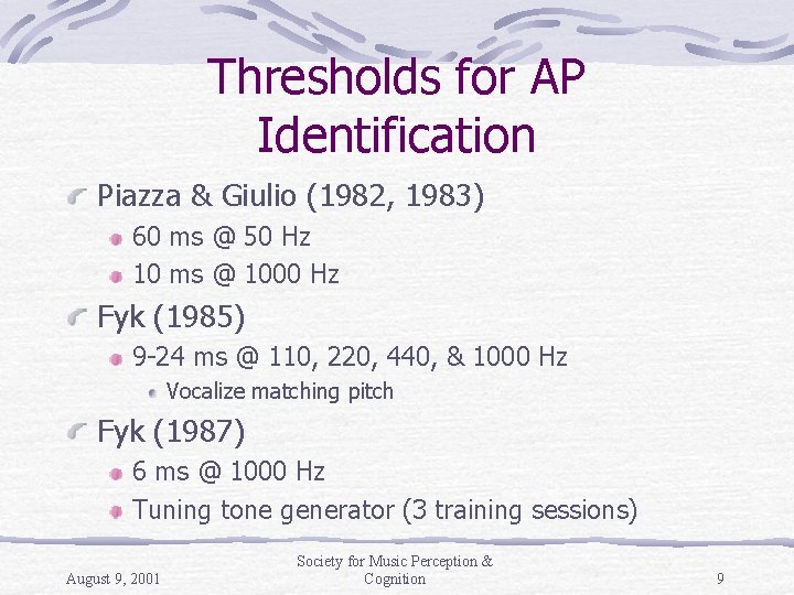 Thresholds for AP Identification Piazza & Giulio (1982, 1983) 60 ms @ 50 Hz