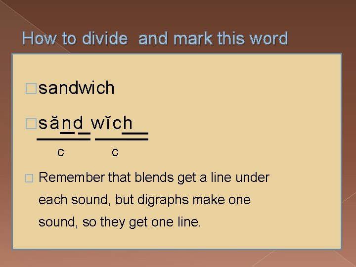 How to divide and mark this word �sandwich �sănd c � wĭch c Remember