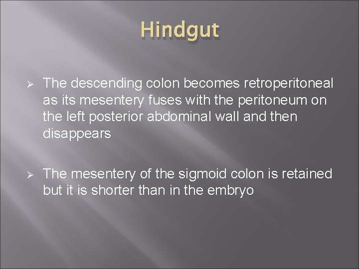 Hindgut Ø The descending colon becomes retroperitoneal as its mesentery fuses with the peritoneum