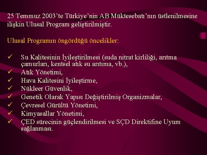 25 Temmuz 2003’te Türkiye’nin AB Müktesebatı’nın üstlenilmesine ilişkin Ulusal Program geliştirilmiştir. Ulusal Programın öngördüğü