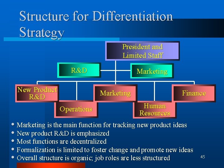 Structure for Differentiation Strategy President and Limited Staff R&D New Product R&D Marketing Operations