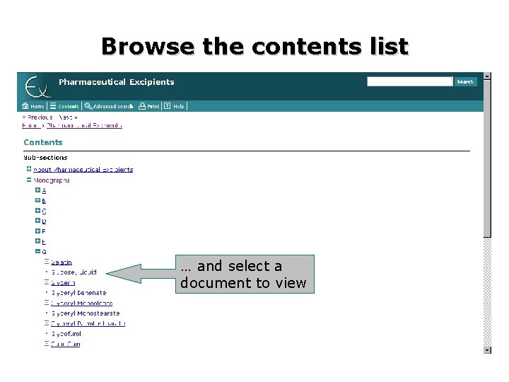 Browse the contents list … and select a document to view 