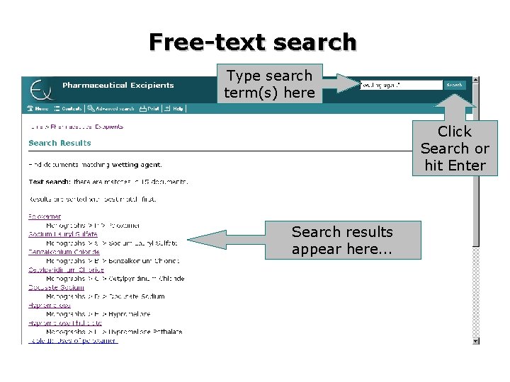 Free-text search Type search term(s) here Click Search or hit Enter Search results appear