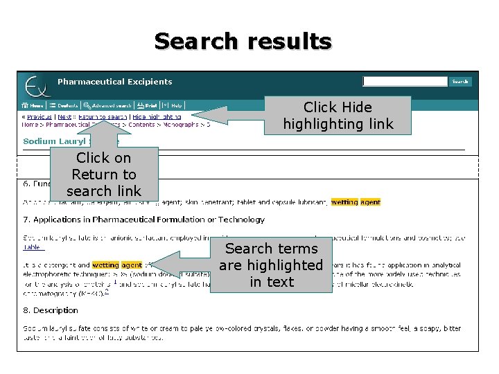 Search results Click Hide highlighting link Click on Return to search link Search terms