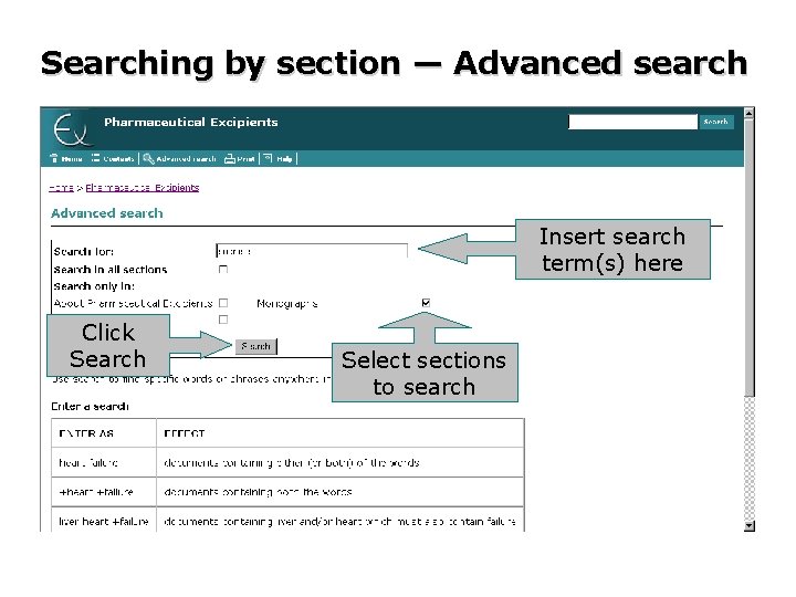 Searching by section — Advanced search Insert search term(s) here Click Search Select sections