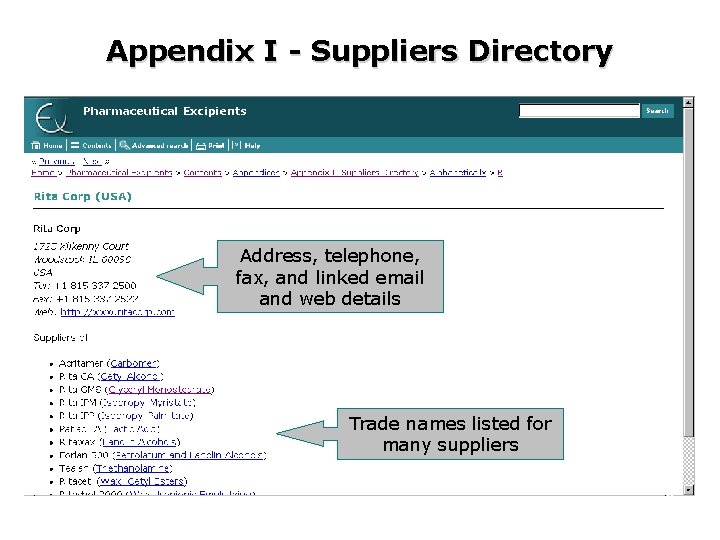 Appendix I - Suppliers Directory Address, telephone, fax, and linked email and web details