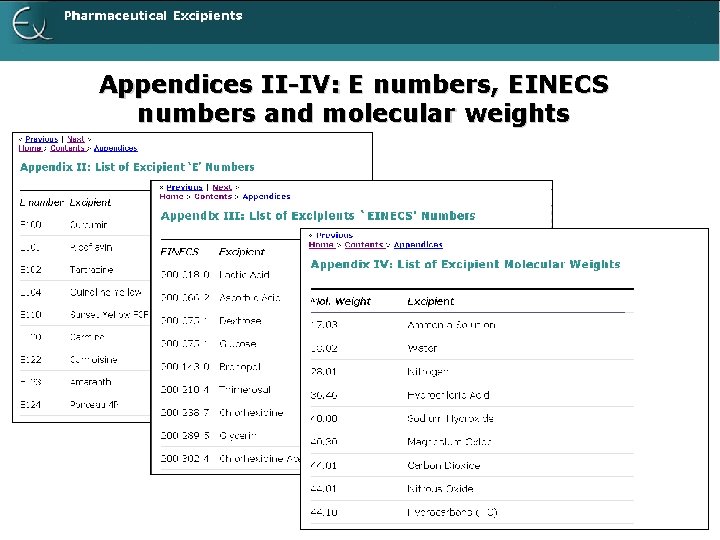 Appendices II-IV: E numbers, EINECS numbers and molecular weights 