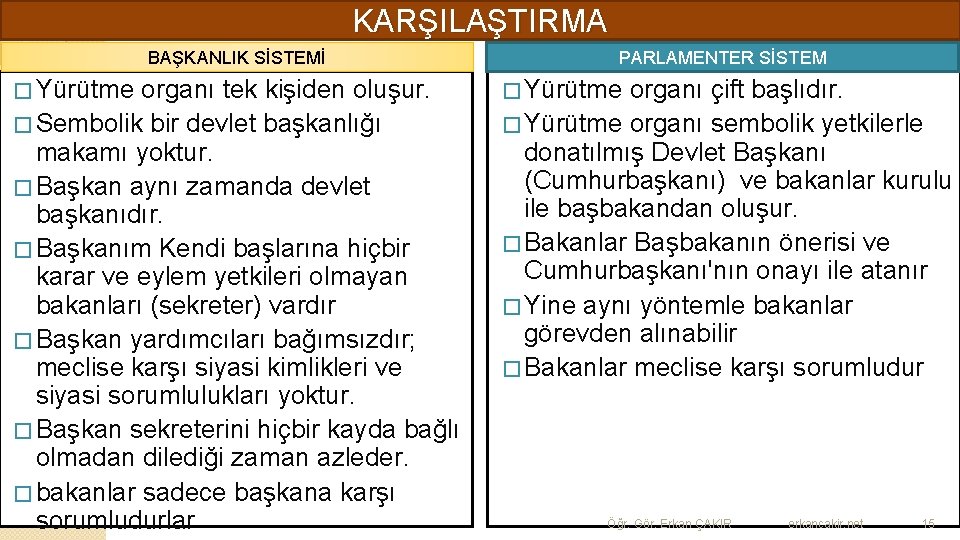 KARŞILAŞTIRMA BAŞKANLIK SİSTEMİ PARLAMENTER SİSTEM � Yürütme organı tek kişiden oluşur. � Yürütme organı