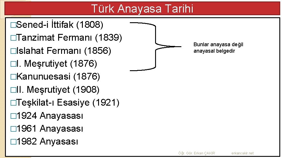 Türk Anayasa Tarihi �Sened-i İttifak (1808) �Tanzimat Fermanı (1839) �Islahat Fermanı (1856) Bunlar anayasa