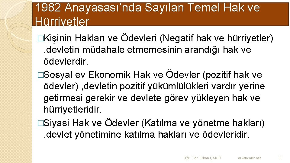 1982 Anayasası’nda Sayılan Temel Hak ve Hürriyetler �Kişinin Hakları ve Ödevleri (Negatif hak ve