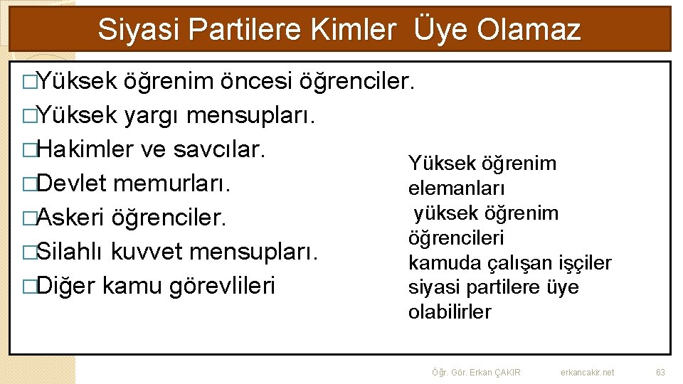 Siyasi Partilere Kimler Üye Olamaz �Yüksek öğrenim öncesi öğrenciler. �Yüksek yargı mensupları. �Hakimler ve