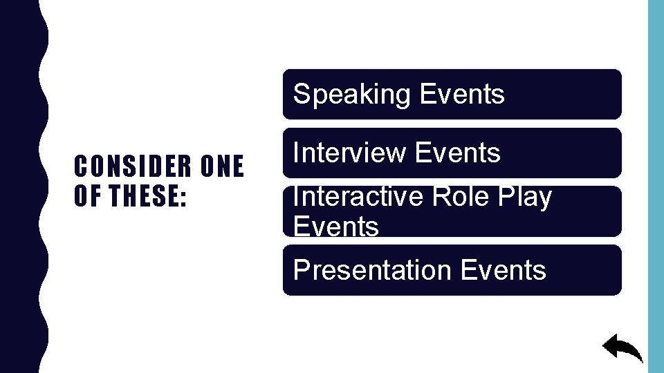 Speaking Events CONSIDER ONE OF THESE: Interview Events Interactive Role Play Events Presentation Events