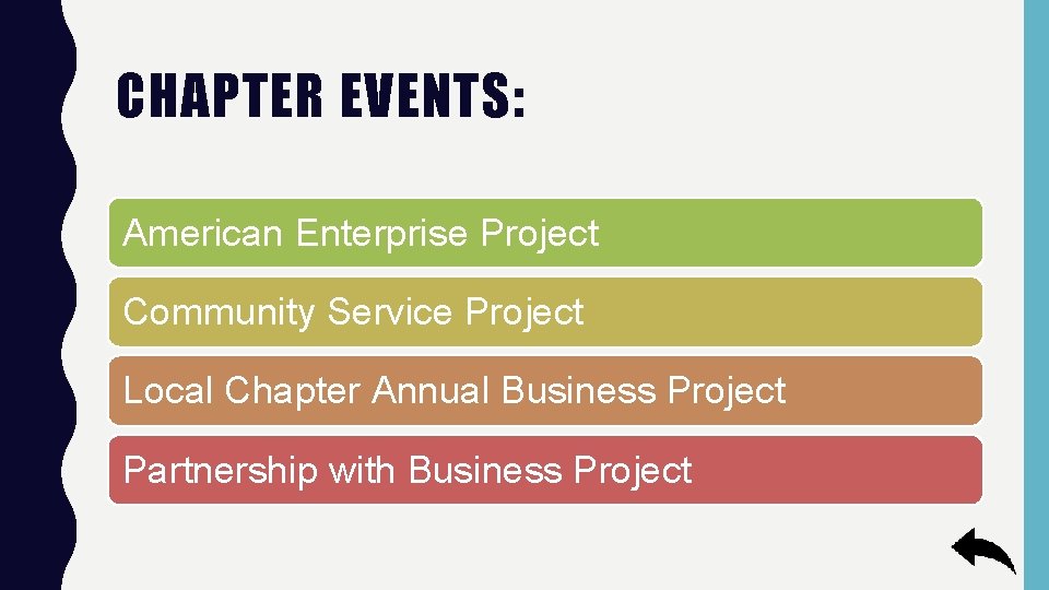 CHAPTER EVENTS: American Enterprise Project Community Service Project Local Chapter Annual Business Project Partnership