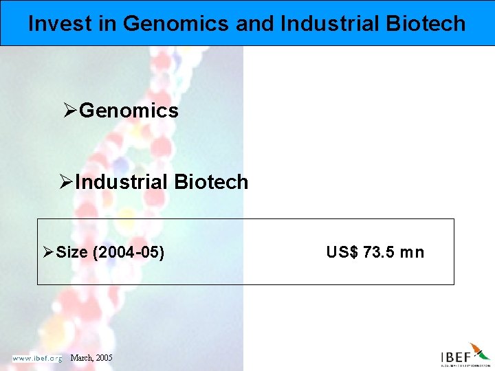 Invest in Genomics and Industrial Biotech ØGenomics ØIndustrial Biotech ØSize (2004 -05) March, 2005