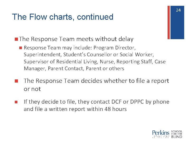 The Flow charts, continued n The Response Team meets without delay n Response Team
