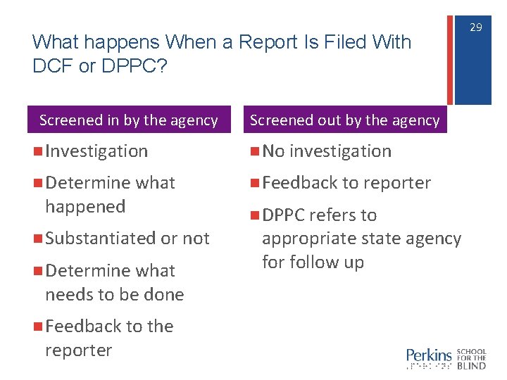 What happens When a Report Is Filed With DCF or DPPC? Screened in by