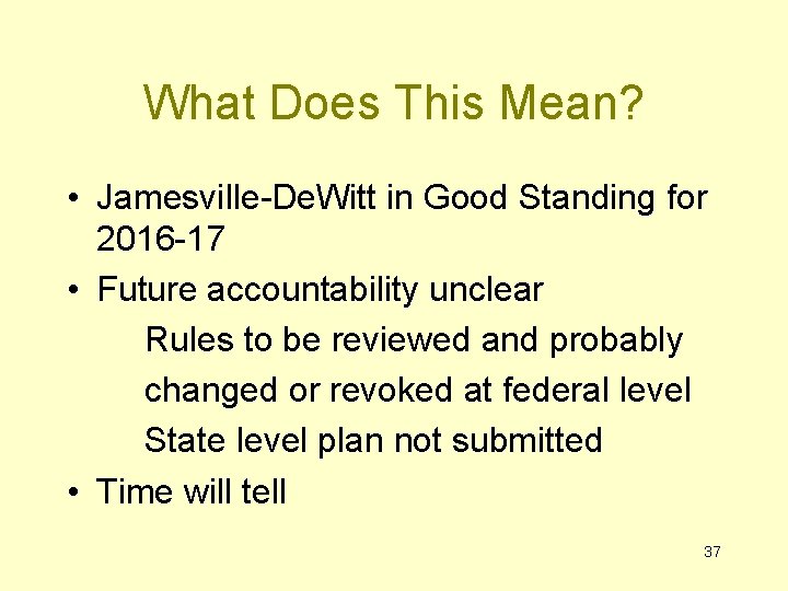 What Does This Mean? • Jamesville-De. Witt in Good Standing for 2016 -17 •