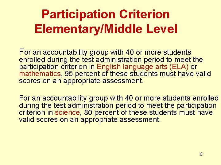 Participation Criterion Elementary/Middle Level For an accountability group with 40 or more students enrolled