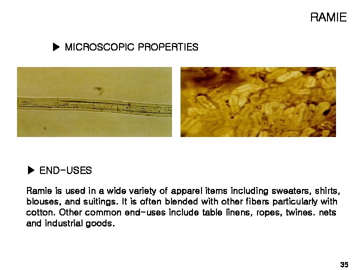 RAMIE ▶ MICROSCOPIC PROPERTIES ▶ END-USES Ramie is used in a wide variety of