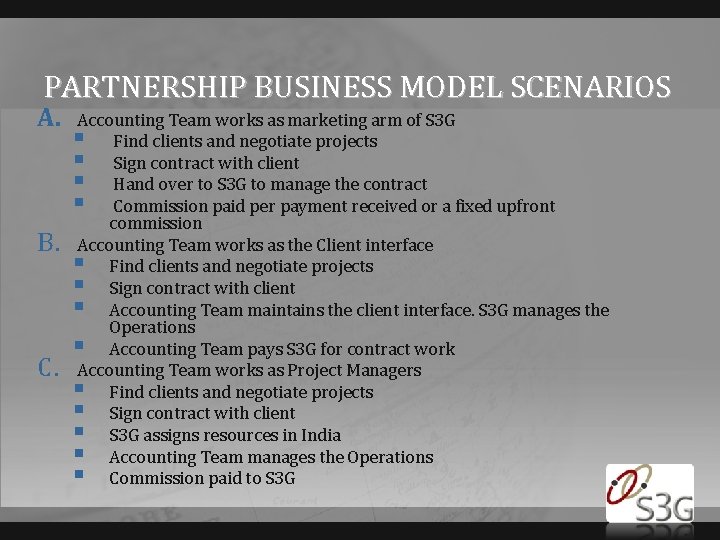 PARTNERSHIP BUSINESS MODEL SCENARIOS A. B. C. Accounting Team works as marketing arm of