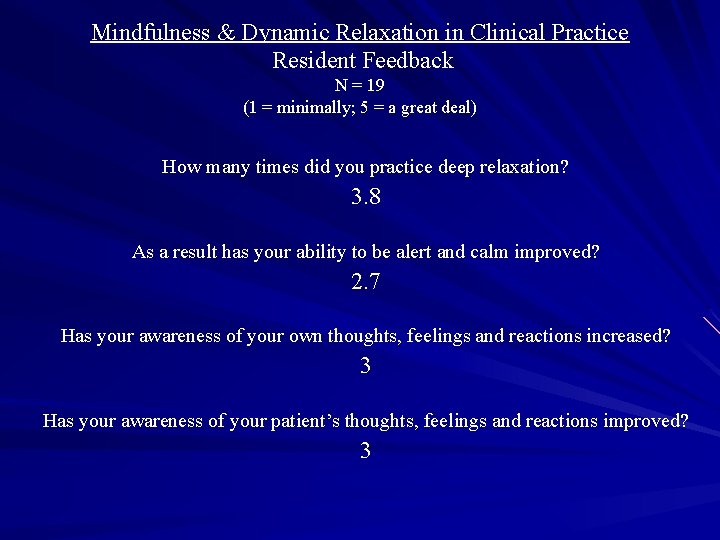 Mindfulness & Dynamic Relaxation in Clinical Practice Resident Feedback N = 19 (1 =