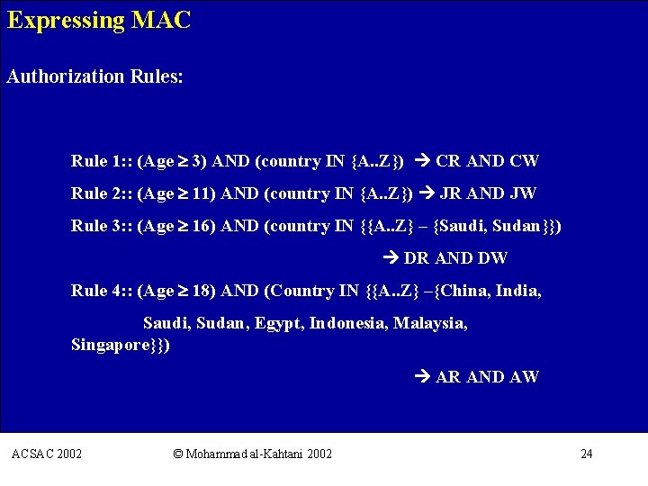 Expressing MAC Authorization Rules: Rule 1: : (Age 3) AND (country IN {A. .