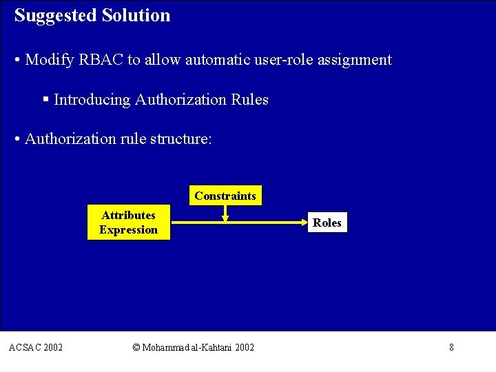 Suggested Solution • Modify RBAC to allow automatic user-role assignment § Introducing Authorization Rules