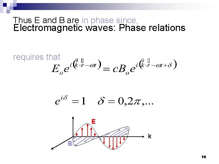 Thus E and B are in phase since, Electromagnetic waves: Phase relations requires that