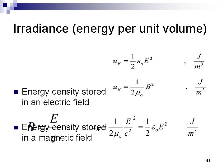 Irradiance (energy per unit volume) n Energy density stored in an electric field n