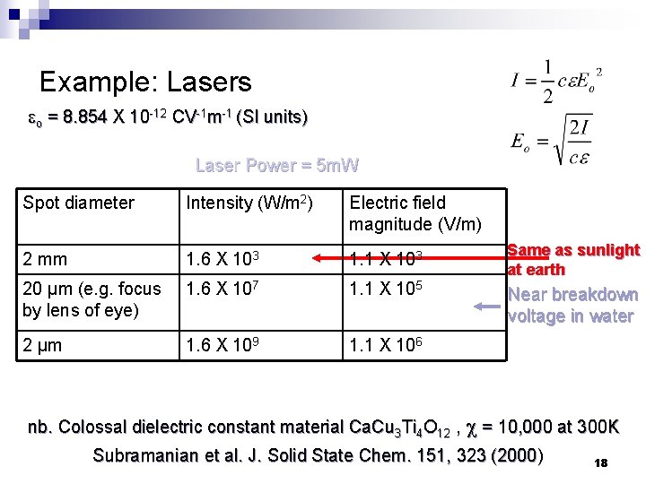 Example: Lasers o = 8. 854 X 10 -12 CV-1 m-1 (SI units) Laser