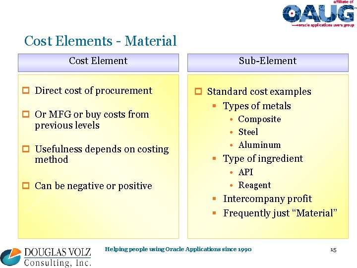 Cost Elements - Material Cost Element p Direct cost of procurement p Or MFG