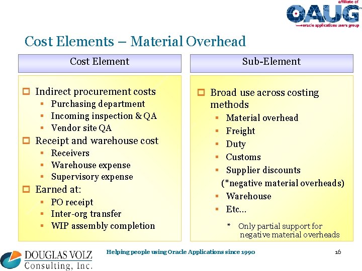 Cost Elements – Material Overhead Cost Element p Indirect procurement costs § Purchasing department