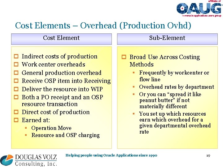Cost Elements – Overhead (Production Ovhd) Cost Element p p p Indirect costs of