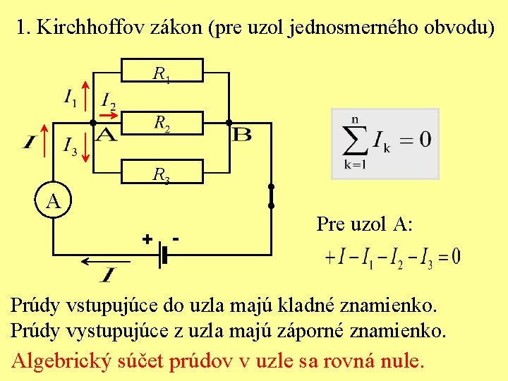 1. Kirchhoffov zákon (pre uzol jednosmerného obvodu) R 1 R 3 A Pre uzol