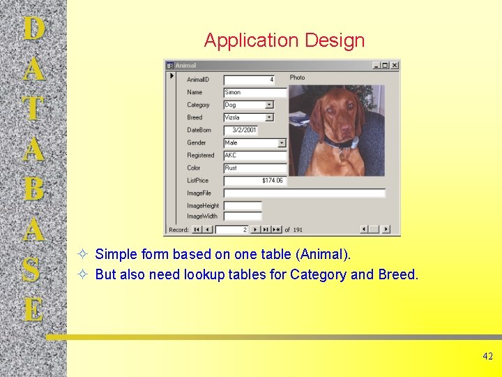 D A T A B A S E Application Design ² Simple form based