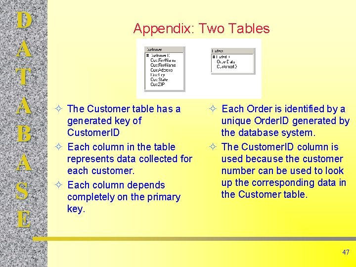 D A T A B A S E Appendix: Two Tables ² The Customer