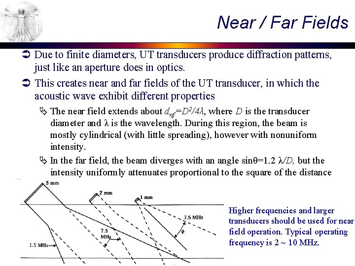 Near / Far Fields Ü Due to finite diameters, UT transducers produce diffraction patterns,