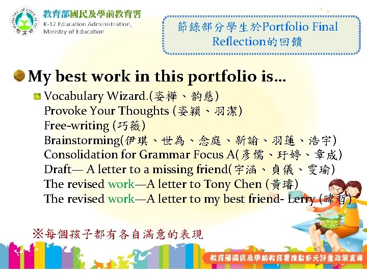 節錄部分學生於Portfolio Final Reflection的回饋 My best work in this portfolio is… Vocabulary Wizard. (姿樺、韵慈) Provoke