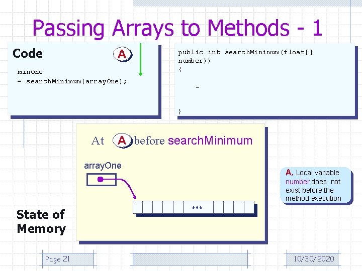Passing Arrays to Methods - 1 Code A min. One = search. Minimum(array. One);